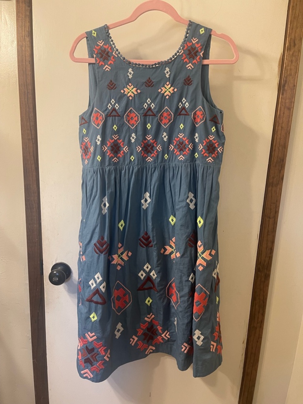 Anthropologie Blue Sleeveless Dress with Multicolor Geo Embroidery Sz. M #150